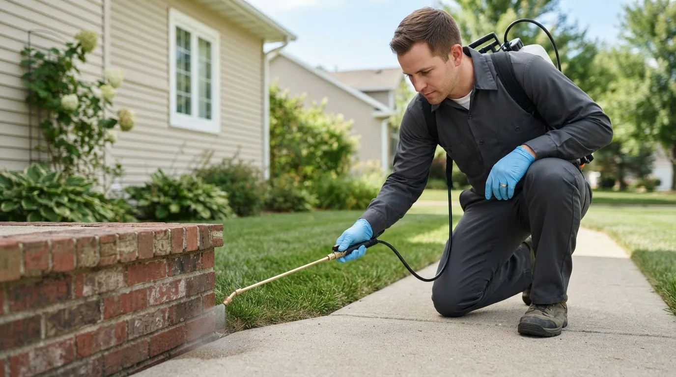 Pest control technician treating a home near Granger, IA