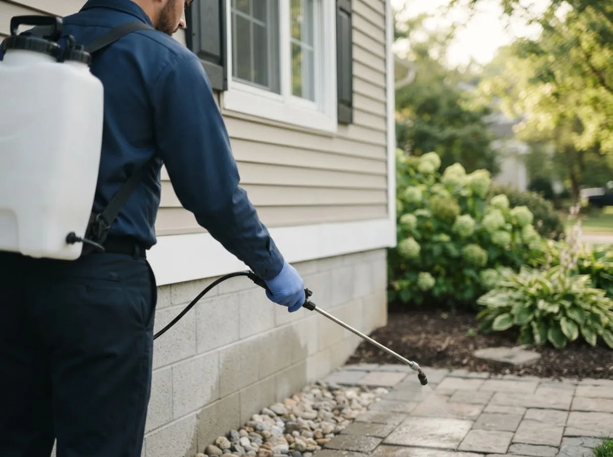 Pest control technician inspecting a home in Granger, IA